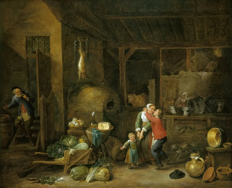 Interior de uma casa familiar com personagens (« O Beijo Roubar ») - David Teniers Júnior