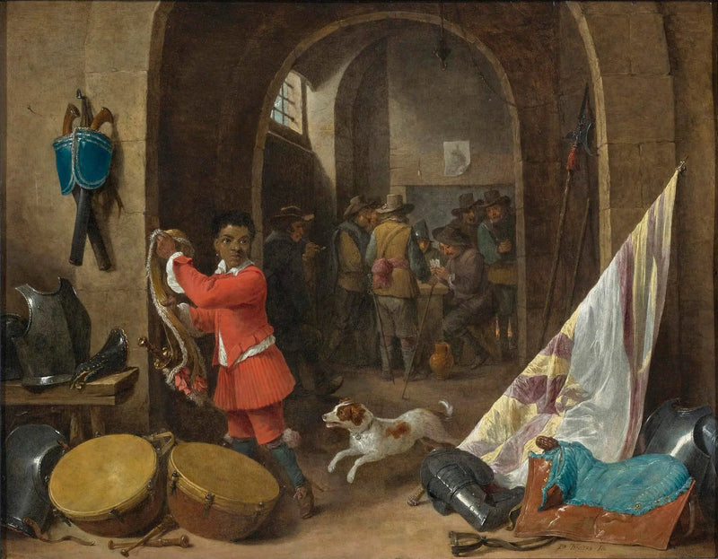 Interior de uma sala de guarda com um criado negro próximo a uma natureza-morta de uma sela, uma bandeira, tambores e armaduras; soldados jogando cartas ao fundo - David Teniers o Jovem