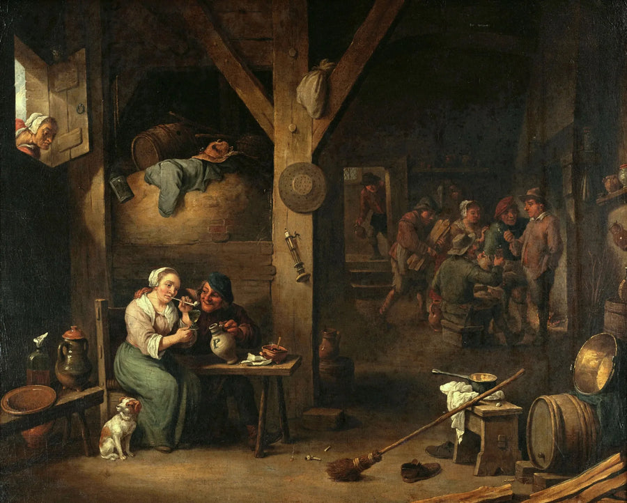 Interior de uma taberna com uma mulher fumando e um homem oferecendo um copo sob o olhar de uma velha mulher - David Teniers o Jovem