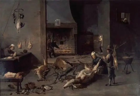 Interior de cozinha com cozinheiros preparando caça - David Teniers, o Jovem