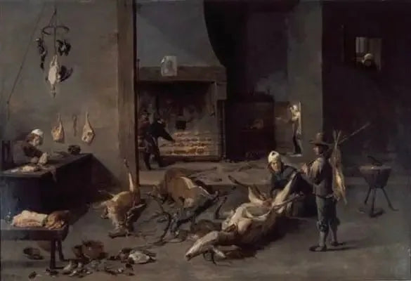 Interior de cozinha com cozinheiros preparando caça - David Teniers, o Jovem