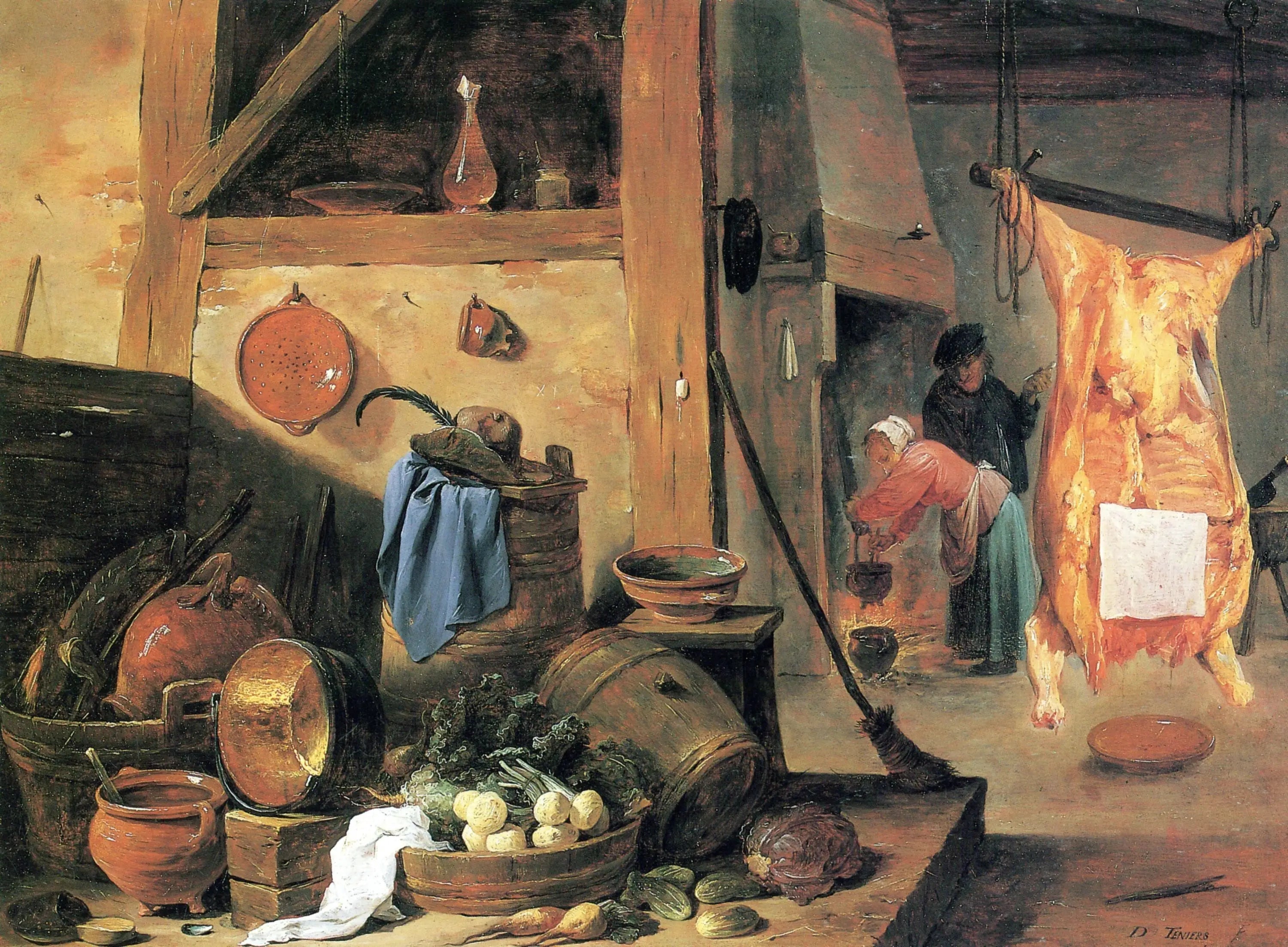 Intérieur de cuisine avec nature morte et bœuf abattu - David Teniers le Jeune - Alpha Reproduction