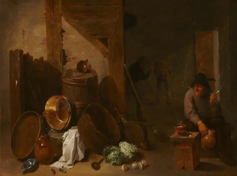 Interior de cozinha com Toper e outros camponeses ao longe - David Teniers, o Jovem