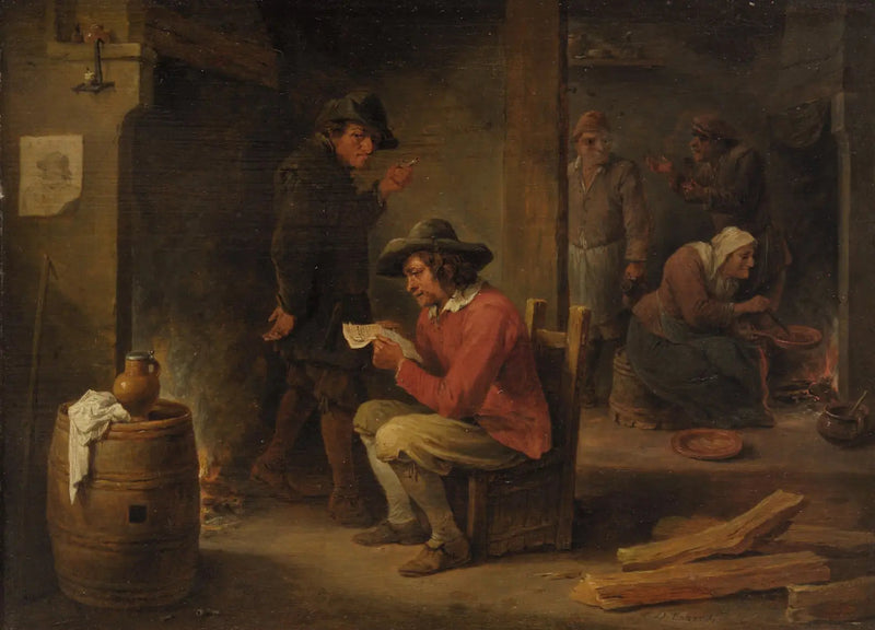 Interior de fazenda com leitor de jornais - David Teniers o Jovem