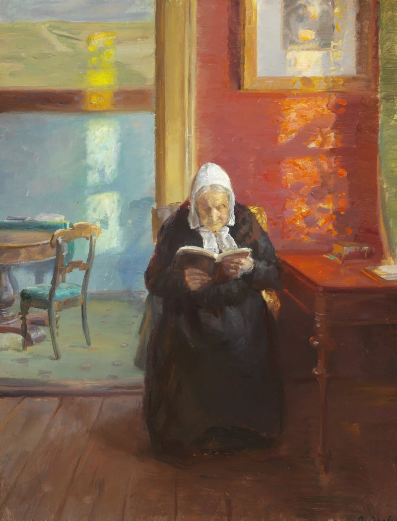 Interior do quarto vermelho com a mãe do artista, Ane Brøndum, lendo - Anna Ancher