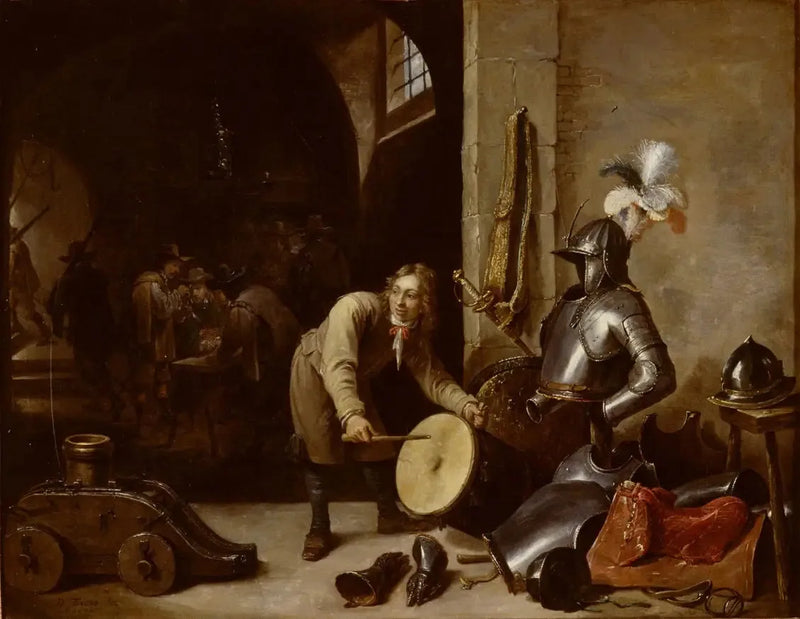 Interior da sala de guarda com um jovem segurando um tambor - David Teniers, o Jovem