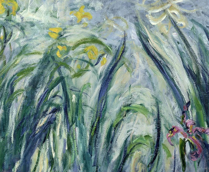 Détail des fleurs mauves et des longues feuilles dans le tableau de Monet