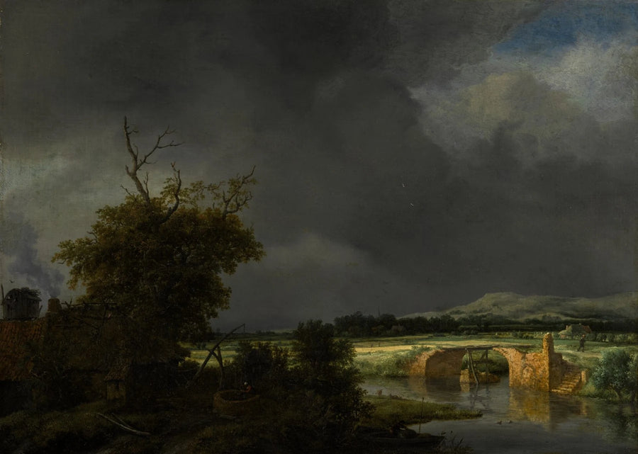Chaumière et pont de pierre sous un ciel nuageux - Jacob van Ruisdael