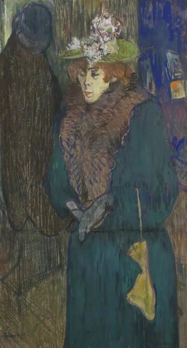 Jane Avril na Entrada do Moulin Rouge, colocando suas luvas - Henri de Toulouse-Lautrec