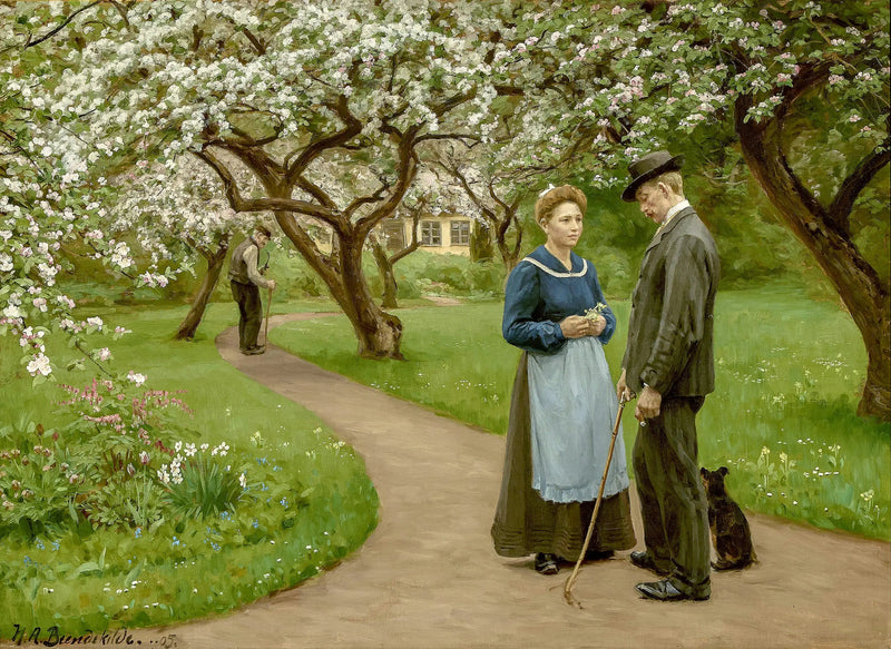 Jovem casal sob árvores frutíferas em flor, na primavera. - H. A. Brendekilde