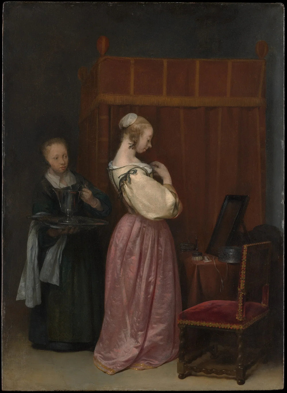 Jeune femme à sa toilette avec une servante - Gerard ter Borch image 1 reproduction de peinture à l’huile