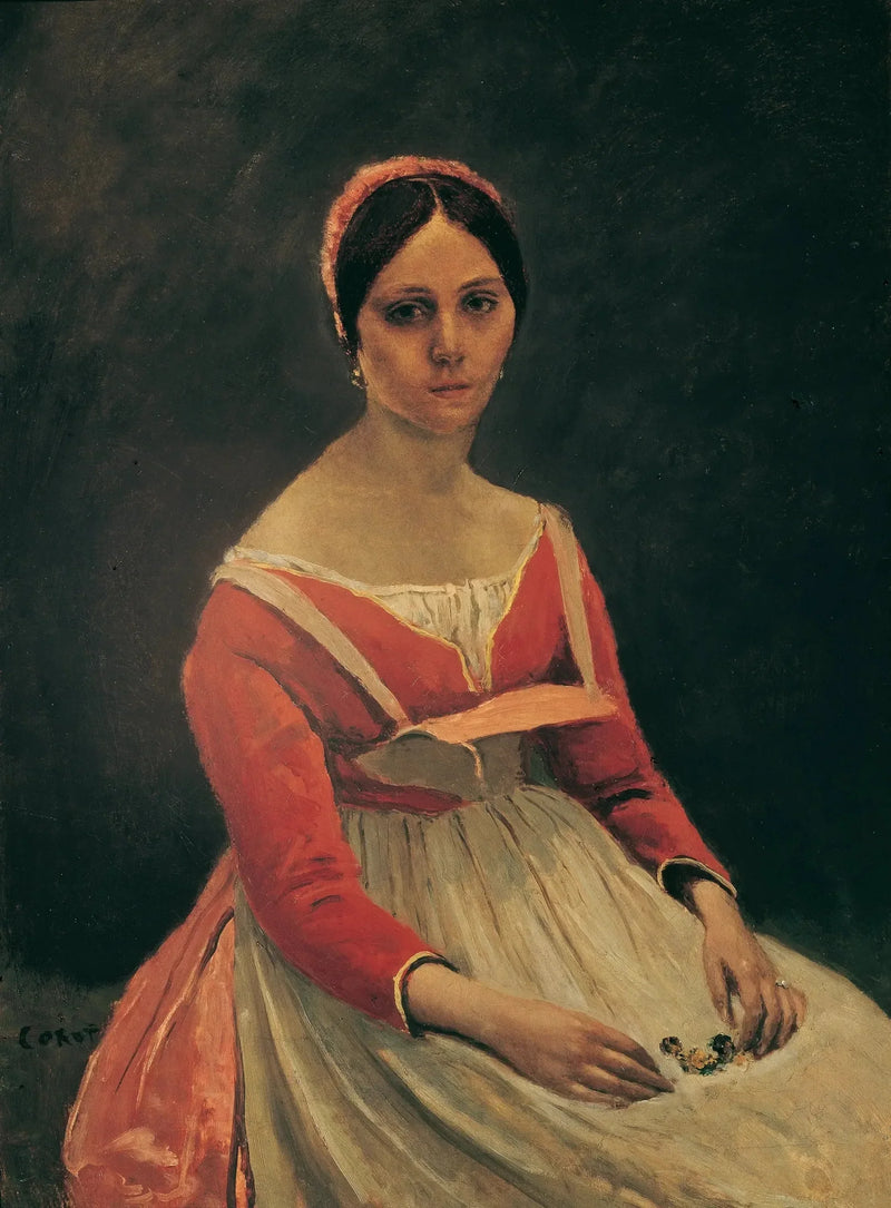 Jovem mulher sentada, com flores nas mãos - Jean-Baptiste Camille Corot