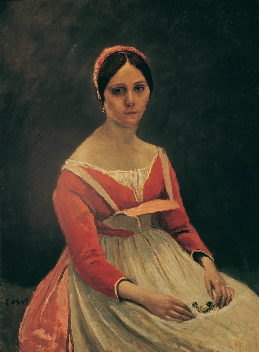 Jovem mulher sentada, com flores nas mãos - Jean-Baptiste Camille Corot