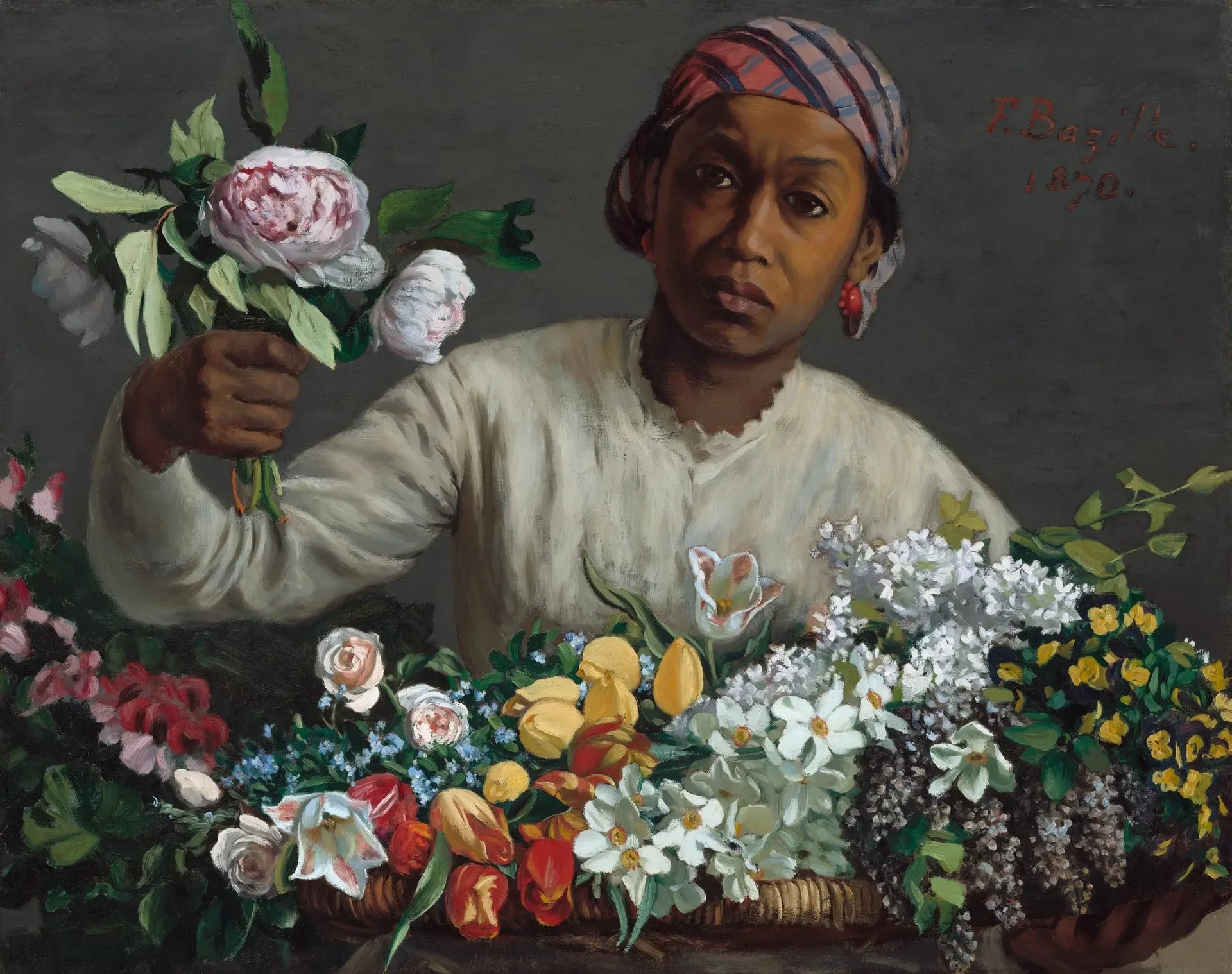 Jeune Femme aux pivoines - Frédéric Bazille image 1 copie peinte à la main à l’huile