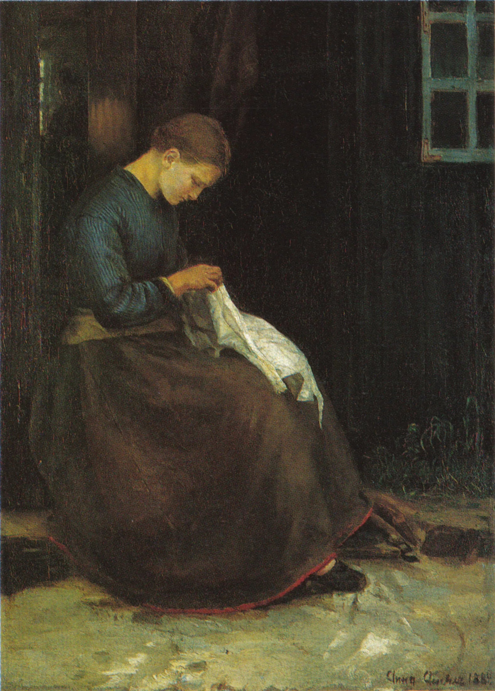 Jeune femme avec son ouvrage de couture à la porte d'une maison - Anna Ancher image 1 tableau peint à l’huile sur toile