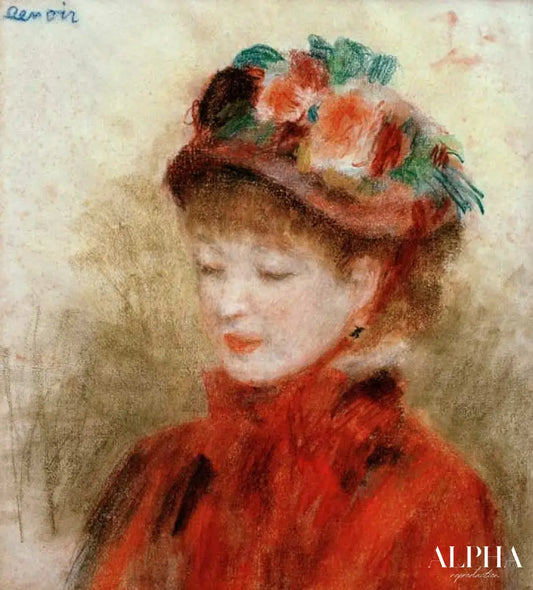 Jeune femme avec un chapeau à fleurs c.1877 - Pierre-Auguste Renoir - Reproductions de tableaux et peintures haut de gamme