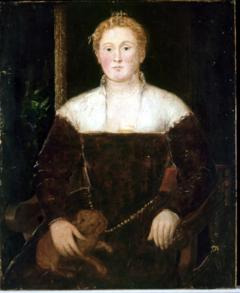 Jovem mulher com um cachorrinho, talvez um membro da família Soranzo - Jacopo Tintoretto