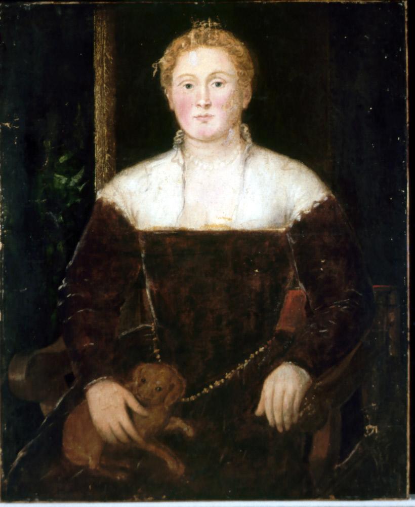 Jovem mulher com um cachorrinho, talvez um membro da família Soranzo - Jacopo Tintoretto