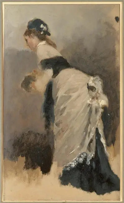Jovem mulher de perfil à esquerda com cachecol e manopla - Jean Béraud