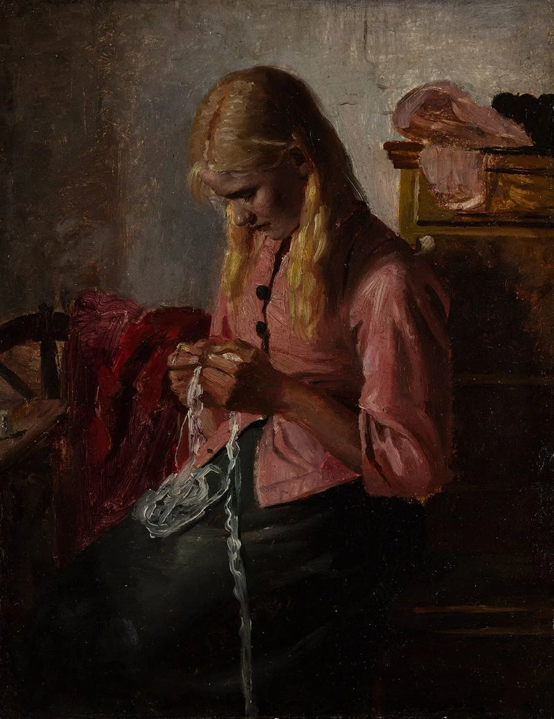 Jovem mulher fazendo crochê. Tine, Skagen. - Michael Peter Ancher