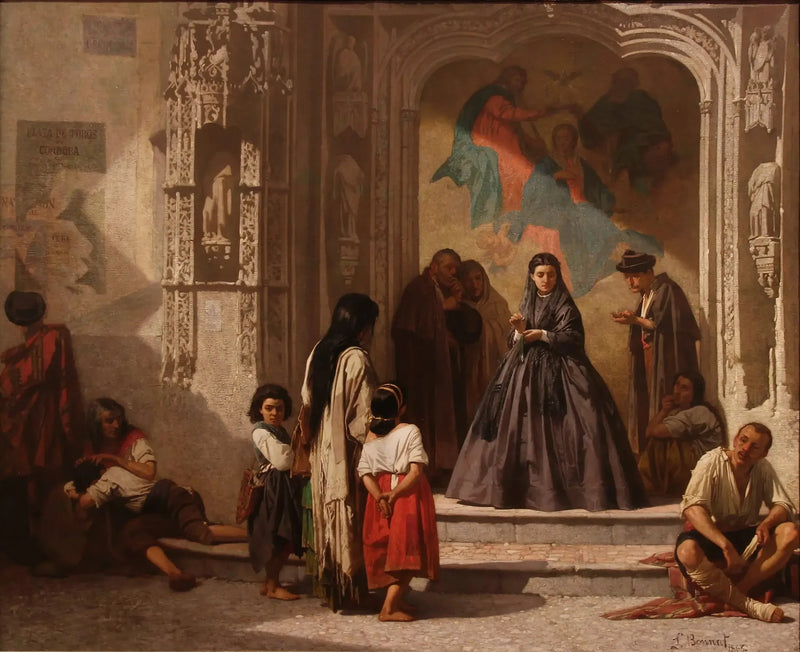 Jovem mulher fazendo caridade na entrada da capela do hospital São Sebastião em Córdoba - Léon Bonnat