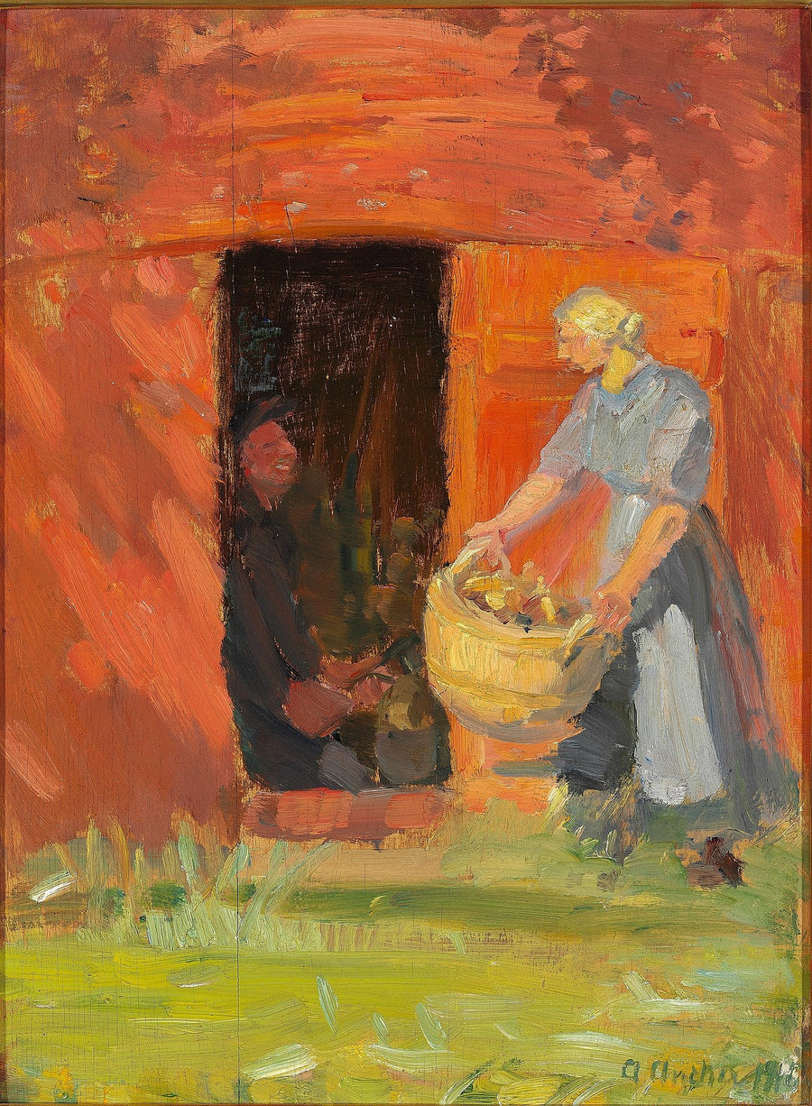 Jovem mulher usando roupa na frente de uma casa vermelha em Skagen. - Anna Ancher