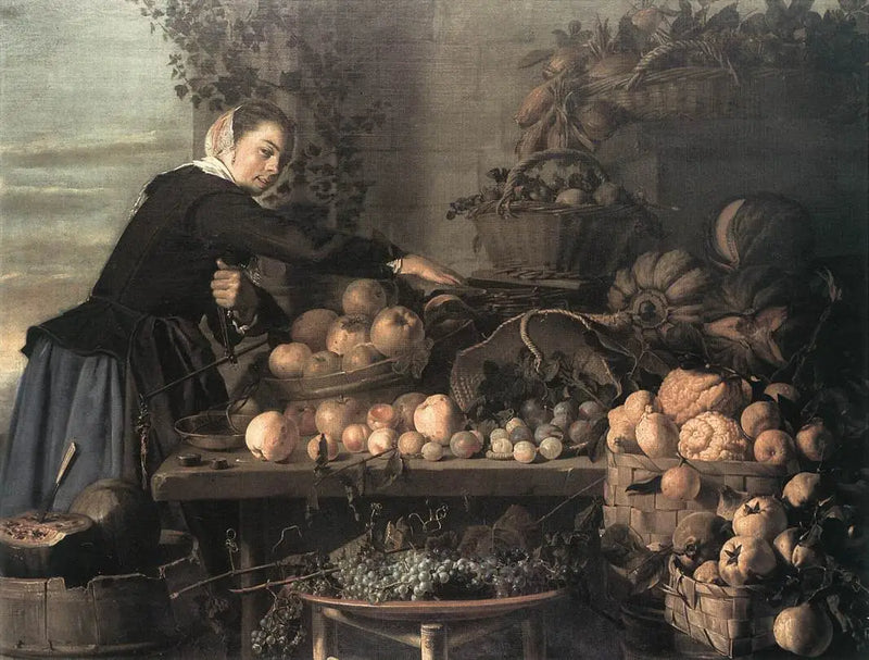 Jovem mulher perto de frutas e legumes para venda - Frans Hals