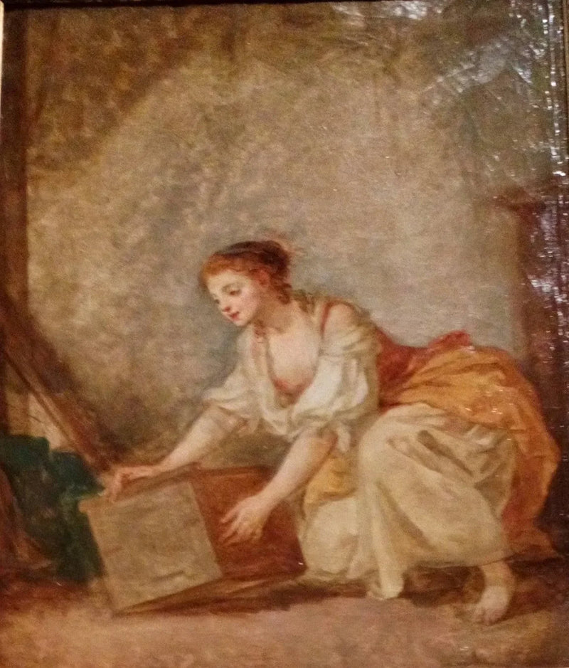 Jovem mulher levantando uma caixa - Jean-Baptiste Greuze
