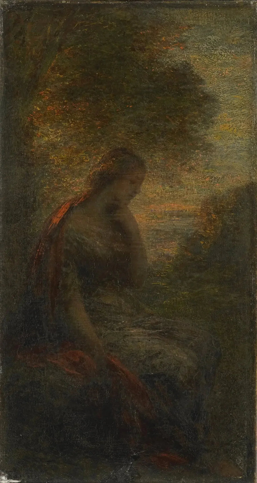 Jovem mulher sob uma árvore ao pôr do sol, chamada "Outono" - Henri Fantin-Latour