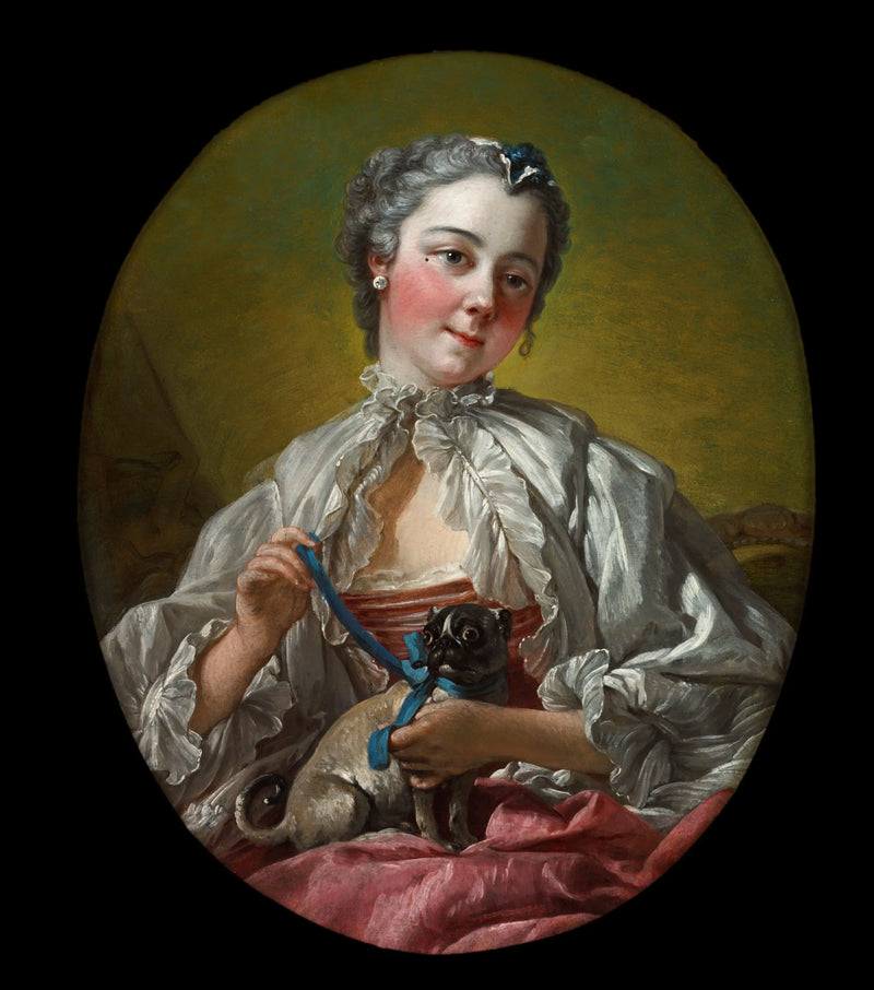 Jovem mulher segurando um pug - François Boucher