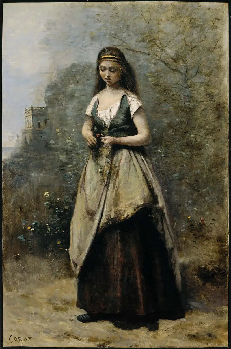 Jovem mulher tecendo uma coroa de flores - Jean-Baptiste Camille Corot