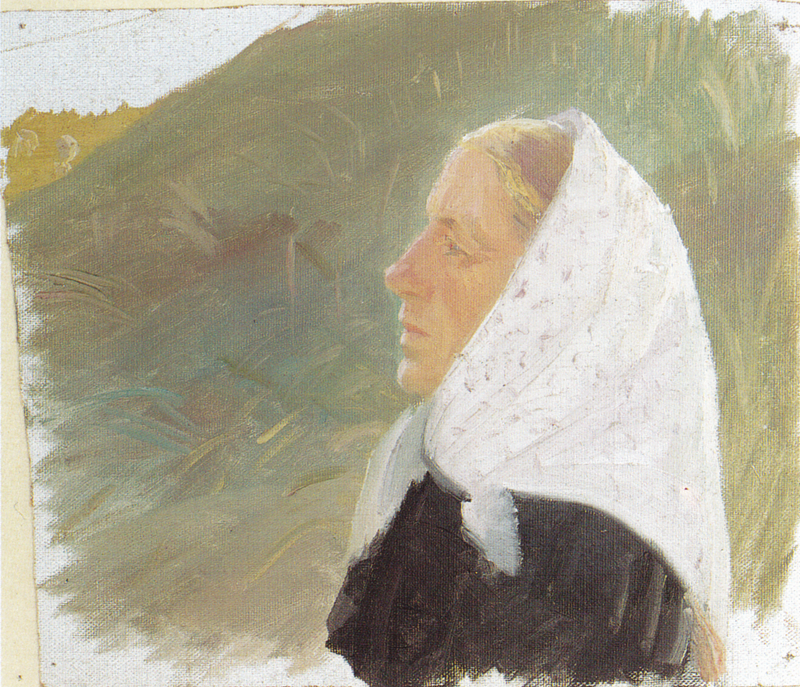 Jovem mulher vestida de preto e com um lenço branco na cabeça, sentada nas dunas - Anna Ancher