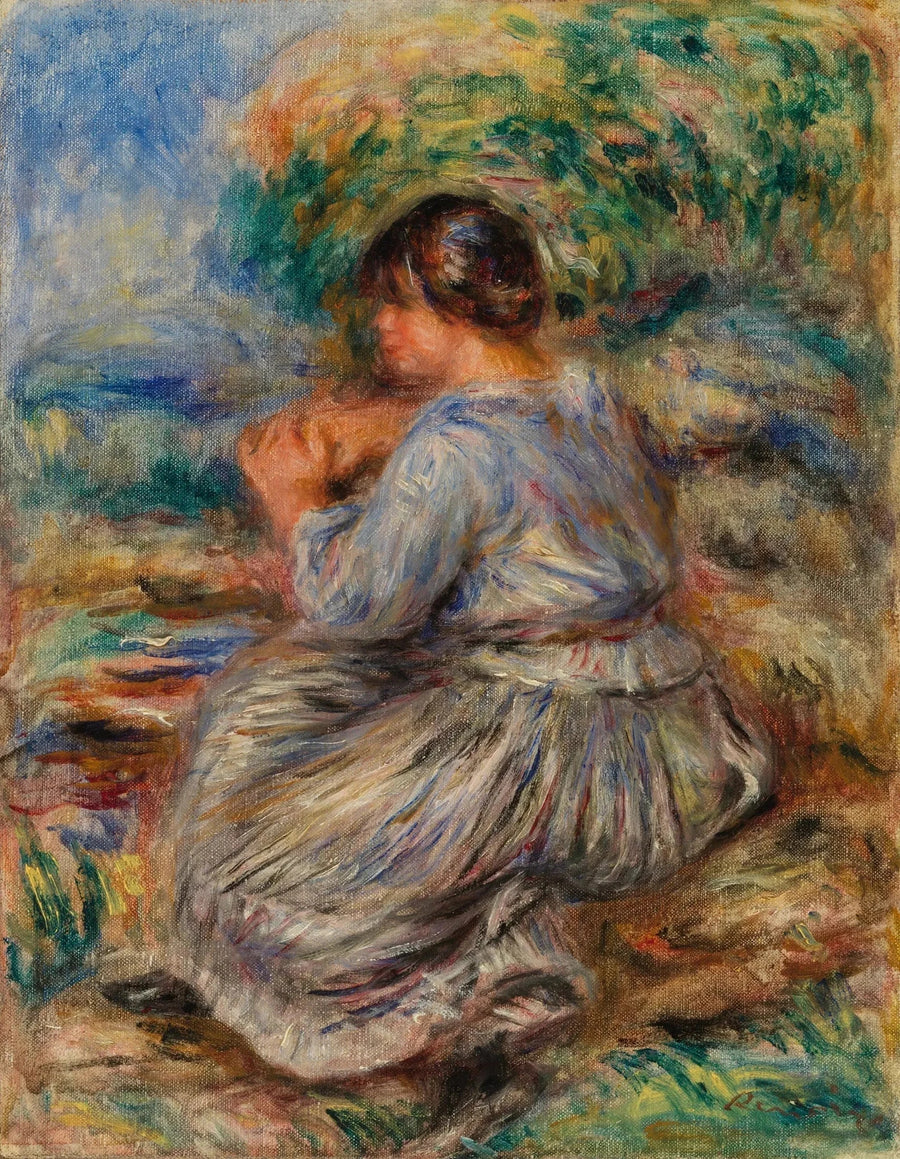 Menina sentada em uma paisagem (Jovem menina sentada em um jardim) - Pierre-Auguste Renoir