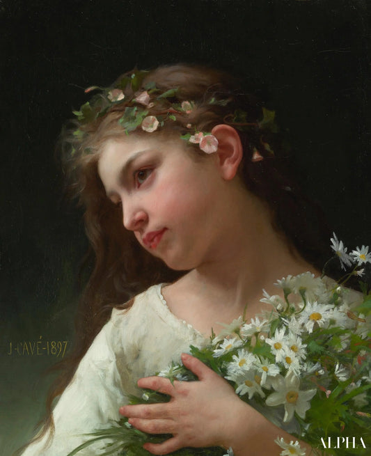Jeune fille avec un bouquet de marguerites, 1897 - Jules-Cyrille Cavé - Reproductions de tableaux et peintures haut de gamme