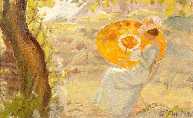 Jovem garota em um jardim com um guarda-sol laranja - Anna Ancher
