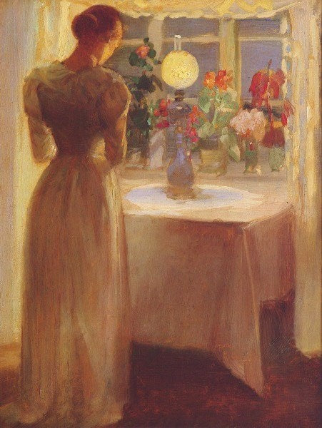 Jovem garota diante de uma lâmpada acesa - Anna Ancher