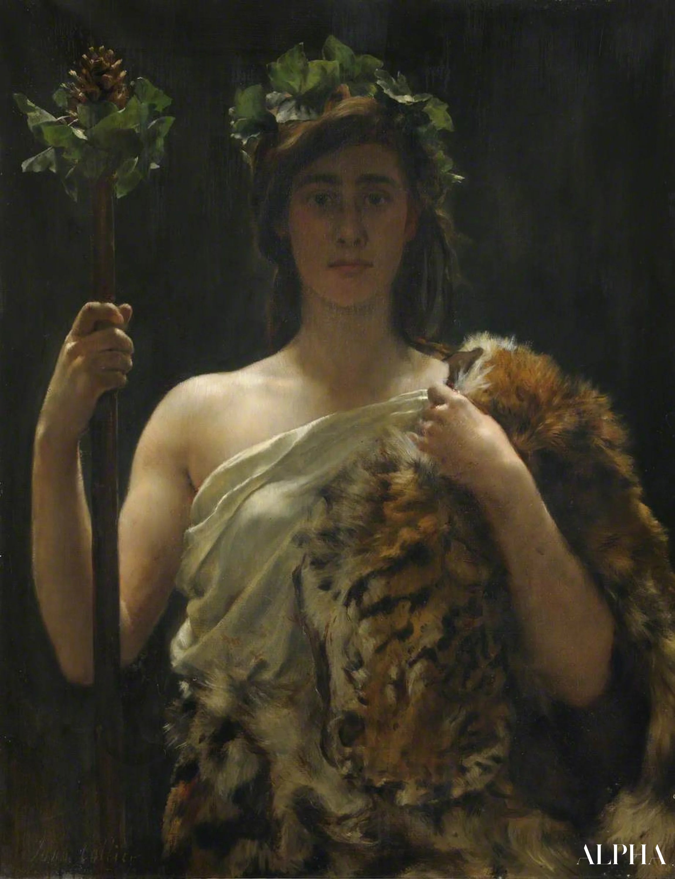 Reproduction du tableau « Jeune fille drapée dans une peau de tigre (appelée autrefois Bacchus) - John Collier » par Alpha Reproduction en peinture à l’huile