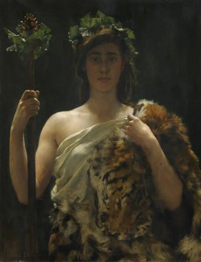 Reproduction du tableau « Jeune fille drapée dans une peau de tigre (appelée autrefois Bacchus) - John Collier » par Alpha Reproduction en peinture à l’huile