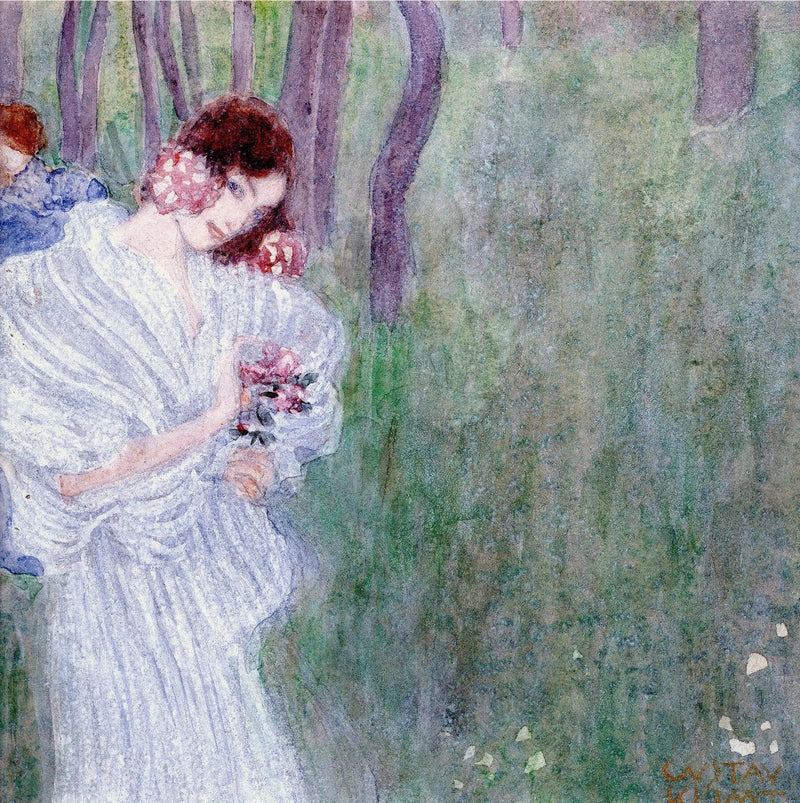 Menina em vestido branco em uma floresta - Gustav Klimt
