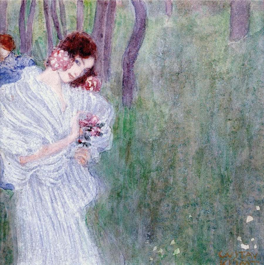 Menina em vestido branco em uma floresta - Gustav Klimt