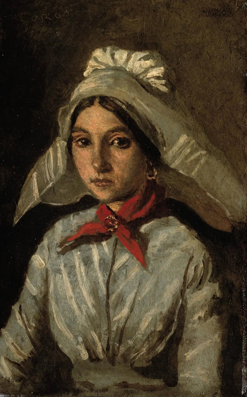 Jovem garota usando uma grande touca na cabeça - Jean-Baptiste Camille Corot