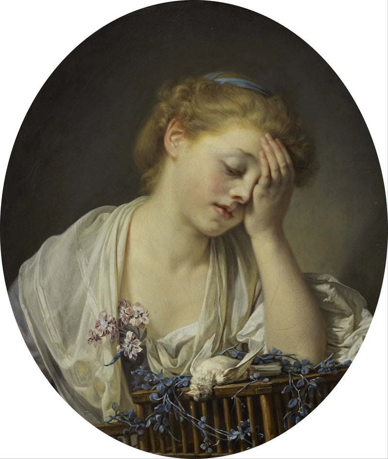 Jovem garota chorando por seu pássaro morto - Jean-Baptiste Greuze