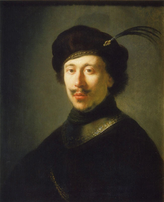 Busto de homem com gorgerin e chapéu de penas - Rembrandt