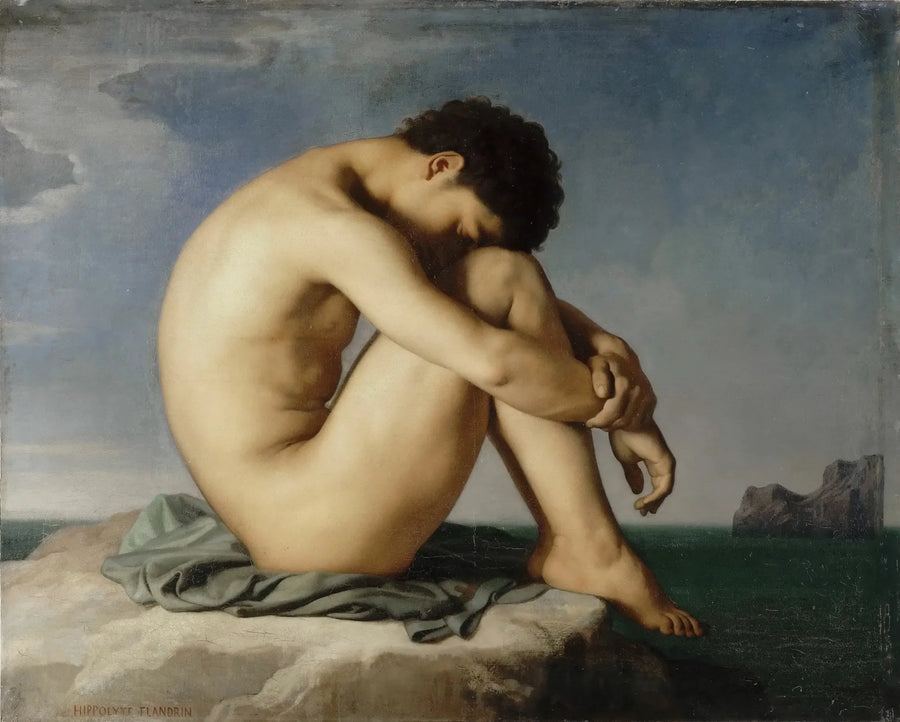 Jovem homem nu sentado à beira do mar - Hippolyte Flandrin