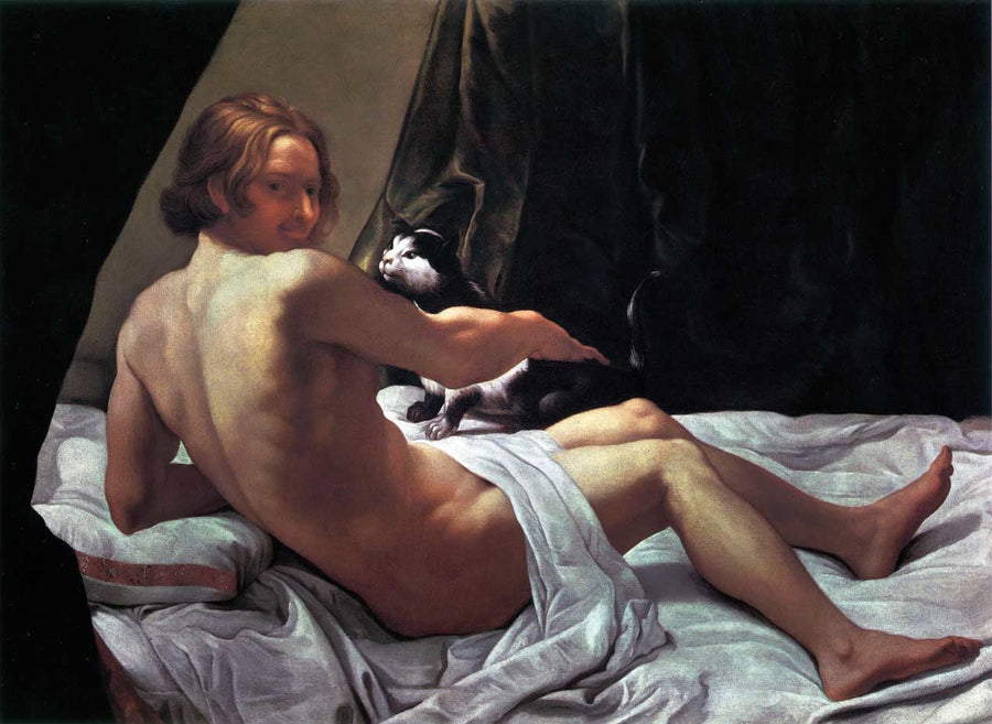 Jovem homem nu na cama com um gato - Giovanni Lanfranco