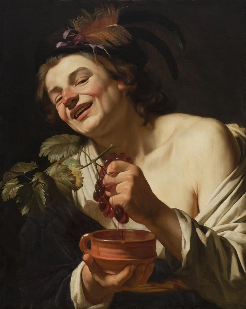 Jovem sorridente esmagando uvas - Gerrit van Honthorst