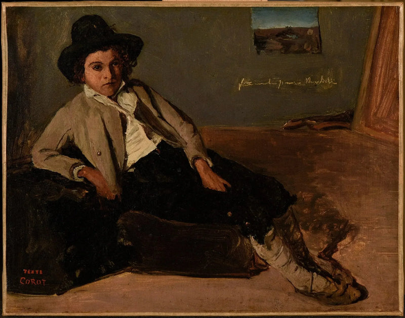 Jovem italiano sentado no quarto de Corot em Roma - Jean-Baptiste Camille Corot