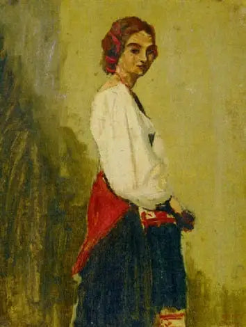 Jovem italiana de pé, corpo de perfil e cabeça de frente - Jean-Baptiste Camille Corot