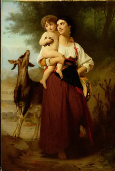 Jovem mãe em traje de campo com seu filho e uma cabra - Bouguereau