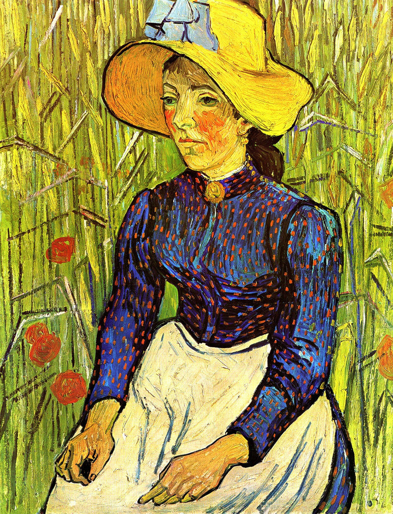 Camponesa com chapéu de palha sentada diante de um campo de trigo - Vincent van Gogh